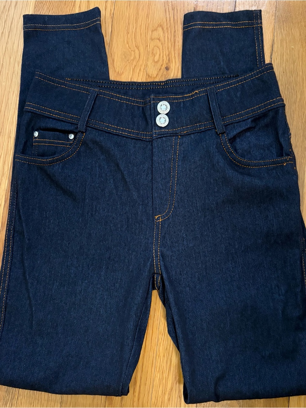 Yelete Dark Blue Denim Leggings with Contrast Stitching. Size M (37” long)
